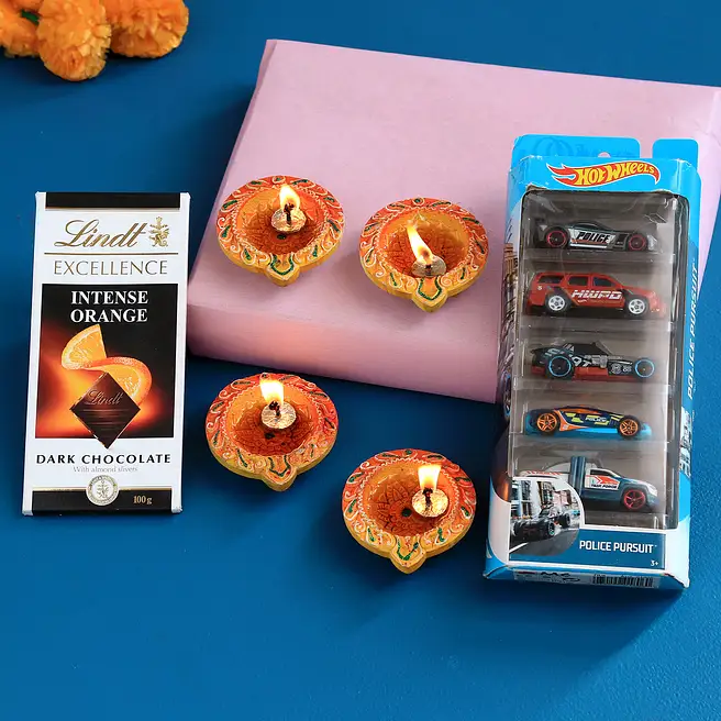 Beautiful Orange Diyas With Hot Wheels Set And Lindt