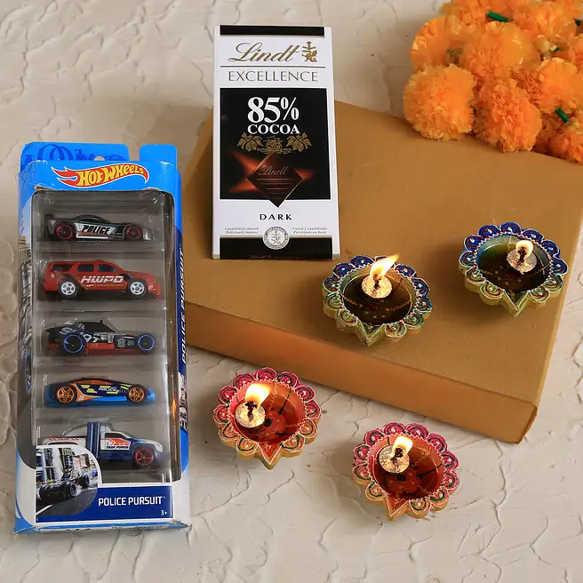 Diwali Colourful Diyas With Hot Wheels Set And Lindt