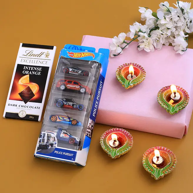 Diwali Greetings Diyas With Hot Wheels Set And Lindt