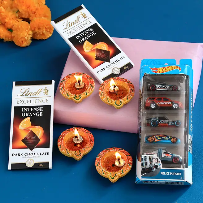 Orange Diyas With Hot Wheels Set And Lindt Intense Orange