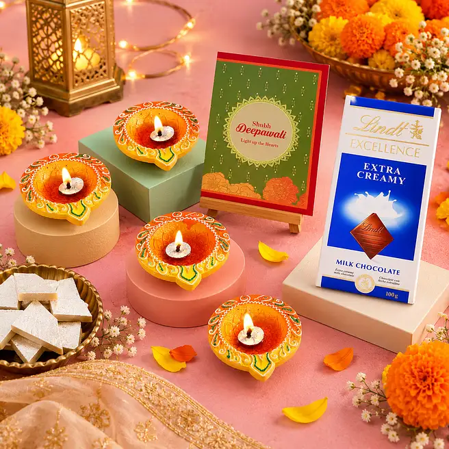 Diwali Diya Set With Greeting Card & Lindt