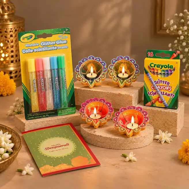 Set Of 4 Multicoloured Diyas With Crayola Glitter Crayons