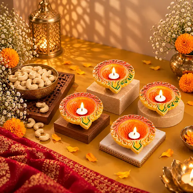 Set Of 4 Orange Diyas With Cashews