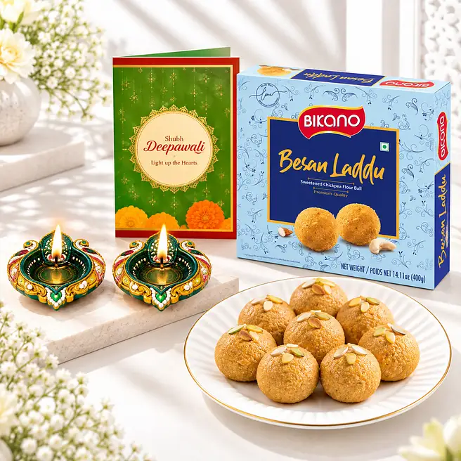Diwali Sweet Box with Diyas N Besan Ladoo