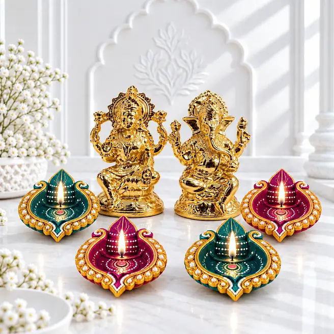 Gold Plated Ganesha Lakshmi Idols with Festive Diyas