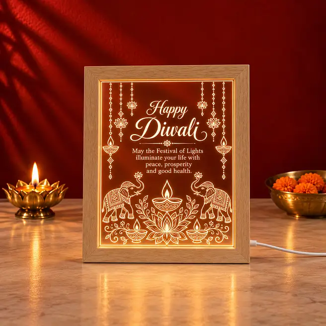 Happy Diwali LED Lamp with Wooden Base Design 2