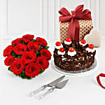 Red Roses Bouquet And Black Forest Cake