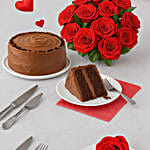 Red Roses Bouquet And Chocolate Cake