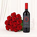 Red Roses Bouquet And Red Wine
