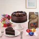 Flowers And Chocolate Cake Sweet Combo