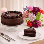 Mixed Flowers And Chocolate Cake