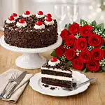 Red Roses Bouquet And Black Forest Cake