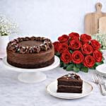 Red Roses Bouquet And Chocolate Cake
