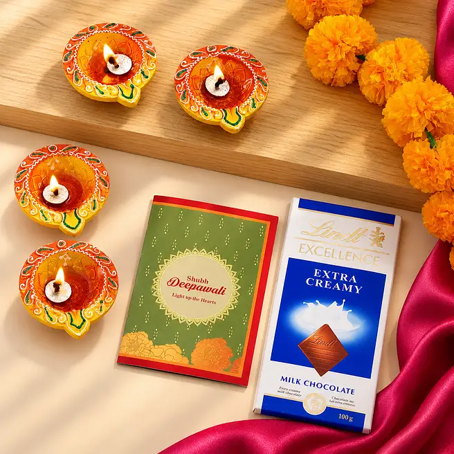 Diwali Diya Set With Greeting Card & Lindt
