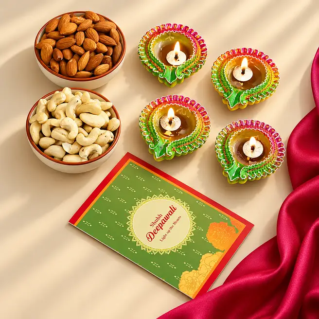 Floral Diyas With Greeting Card And Dry Fruits