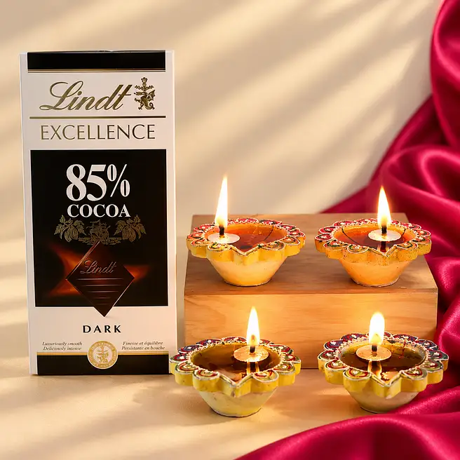 Set Of 4 Designer Diyas And Lindt Dark Chocolate