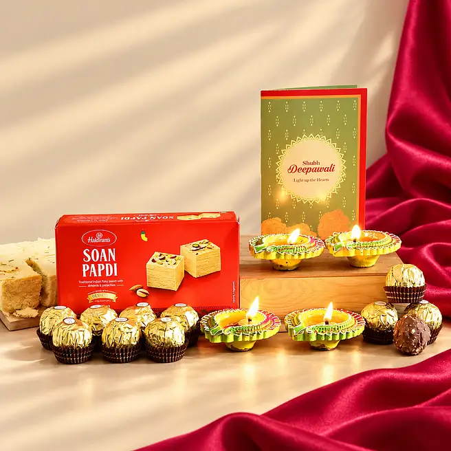 Designer Diyas With Soan Papdi And Chocolates N Greeting Card