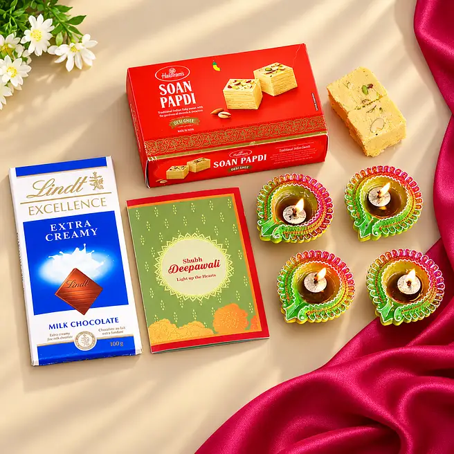 Designer Diyas With Soan Papdi And Lindt Chocolates