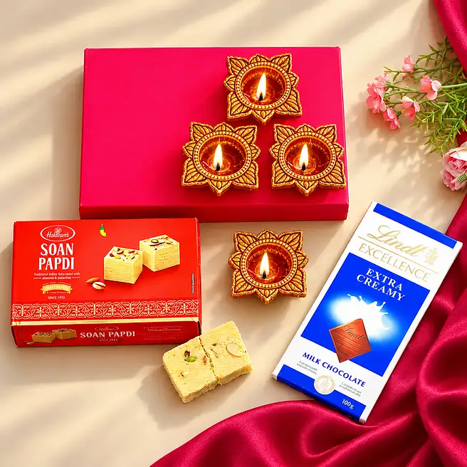 Designer Diwali Diyas With Lindt Chocolate And Soan Papdi
