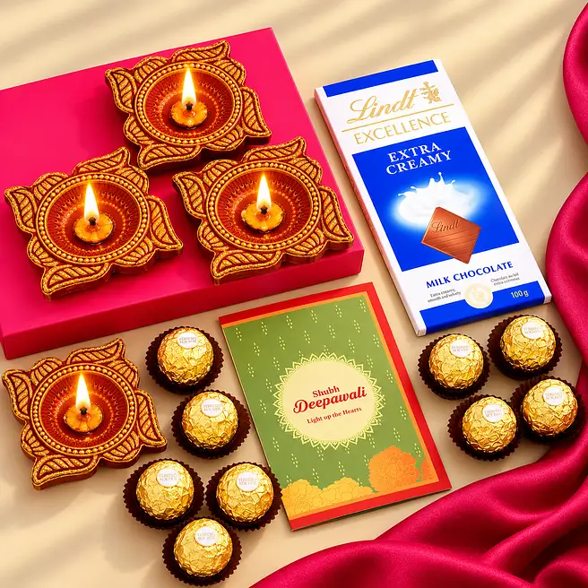 Happy Diwali Diyas With Greeting Card & Chocolates