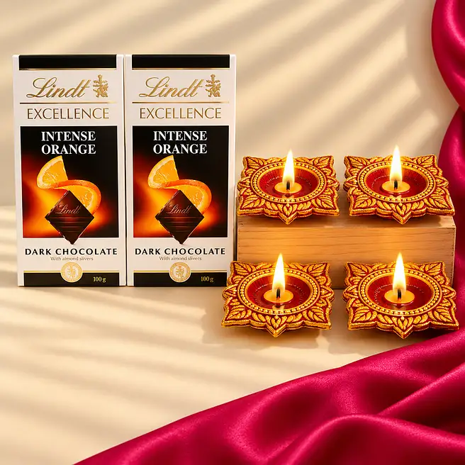 Set Of 4 Traditional Diyas And 2 Lindt Orange Intense Dark