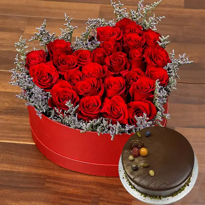25 Red Roses Heart Shaped Box With Chocolate Cake
