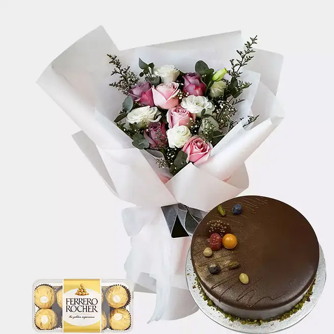 Bunch Of Flowers With Chocolates Cake Combo