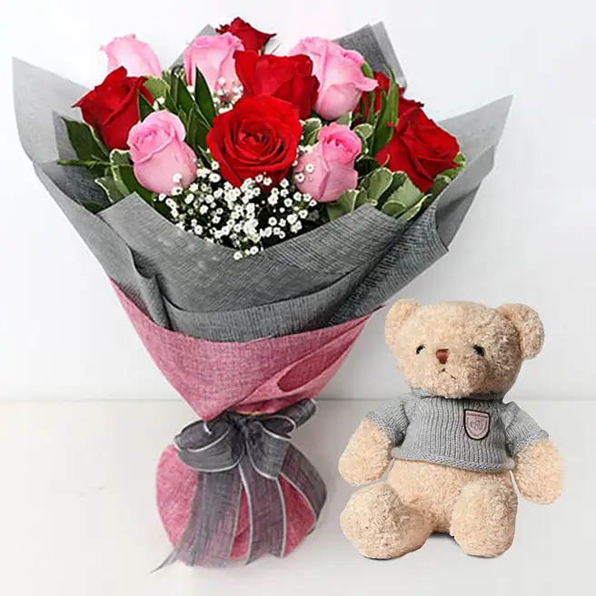 Pink And Red Roses Bouquet With Teddy Bear