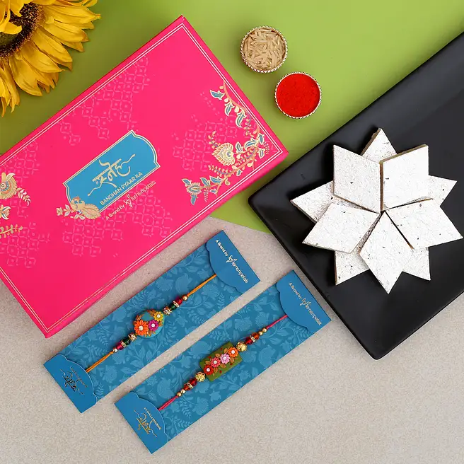 Rectangular And Oval Floral Rakhi Set With Kaju Katli ireland | Gift ...
