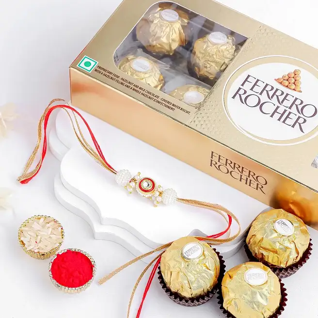 Crimson Majestic Pearl Rakhi & Ferrero Delight