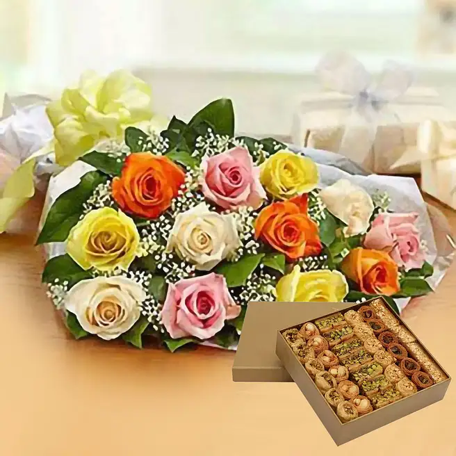 12 Mix Roses Bunch With Baklawa kuwait | Gift 12 Mix Roses Bunch With ...