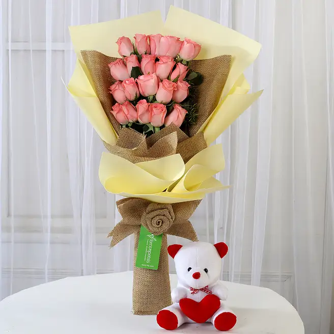 Buy/Send 20 Pink Roses Bouquet & Teddy Bear Combo Online- FNP