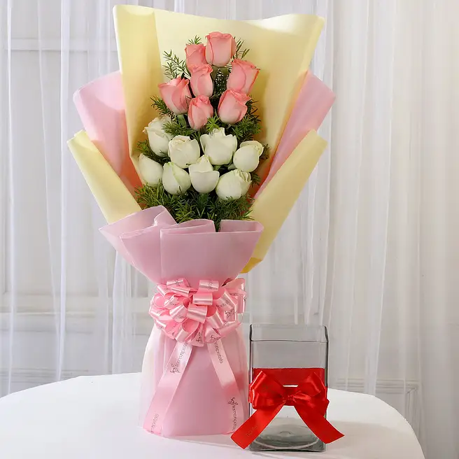 Buy/Send Pink & White Roses & Glass Vase Combo Online- FNP