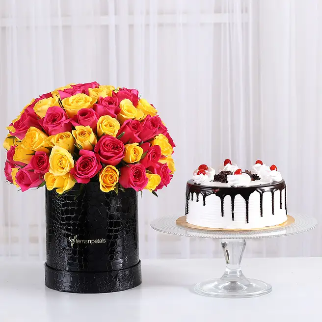 Buy/Send Pink & Yellow Roses Box with Black Forest Cake Online- FNP