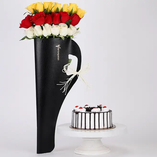 Buy/Send Mixed Roses Array & Black Forest Cake Combo Online- FNP