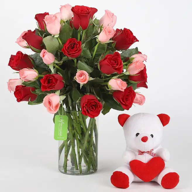 Buy/Send Red & Pink Roses With Teddy Bear Online- FNP