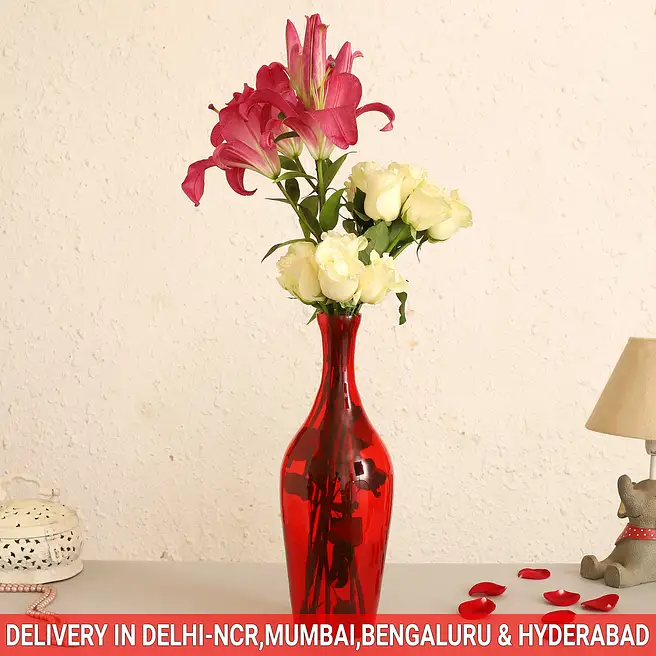 Buy/Send Pink Lilies & White Roses In Red Glass Vase Online- FNP