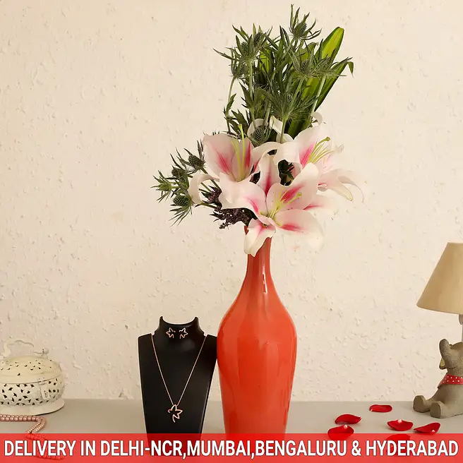 Buy/Send Pink Oriental Lilies In Peach Vase & Necklace Set Online- FNP
