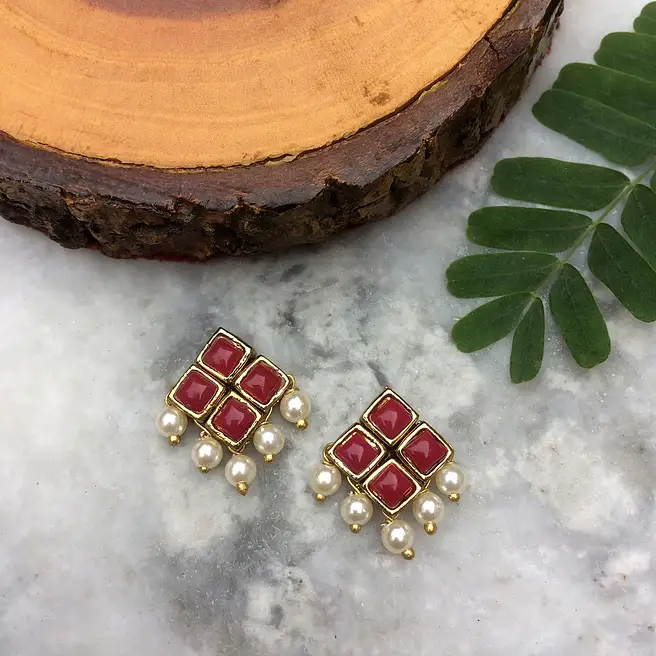 red stone red pearl stud earrings