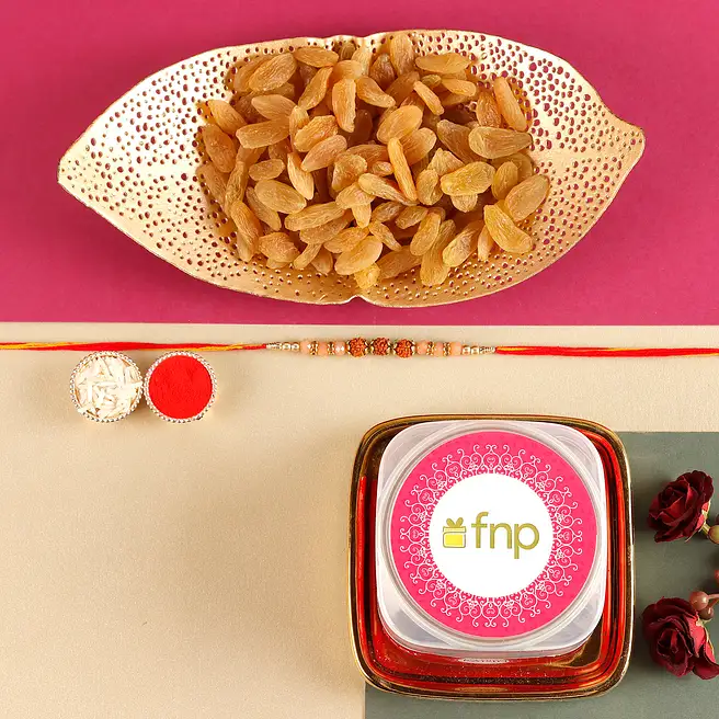 Buy/Send 3 Rudraksha Beads Rakhi & Kesar Raisins Online- FNP