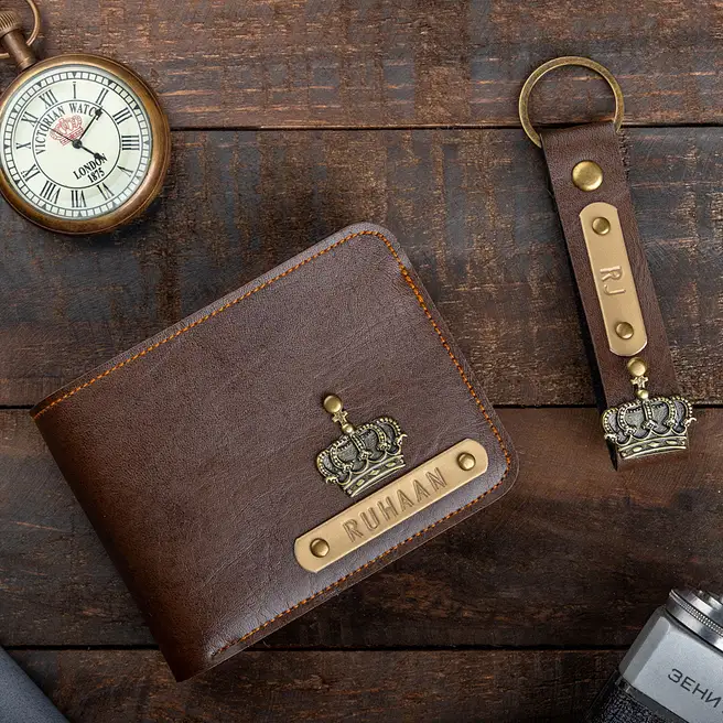 Buy/Send Dark Brown Personalised Wallet N Keychain Online- FNP