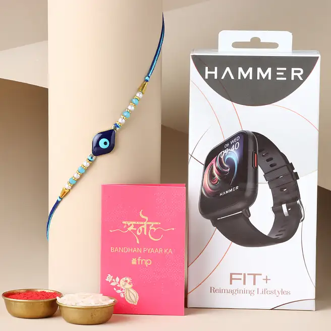Buy/Send Sneh Evil Eye Rakhi with Hammer Fit Bluetooth Smart Watch ...