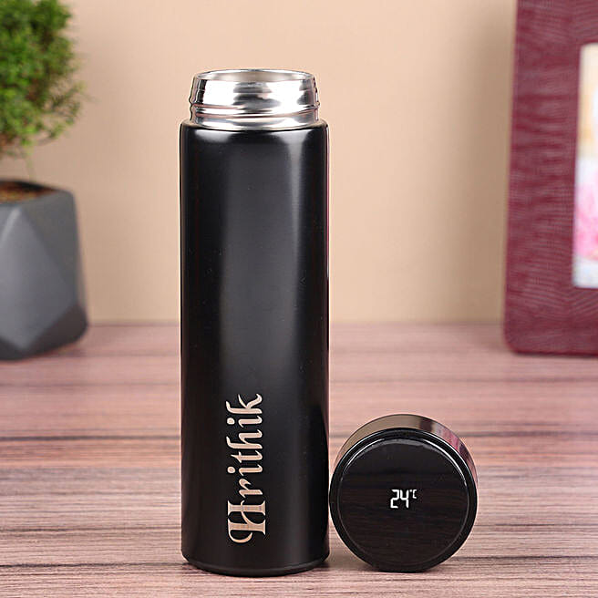 Personalised Name Black Temperature Bottle – Smart LED Display Stainless Steel Insulated Water Bottle