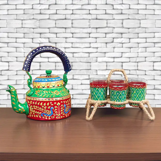 Kettle & 6 Tea Glass Set With Stand Red And Green