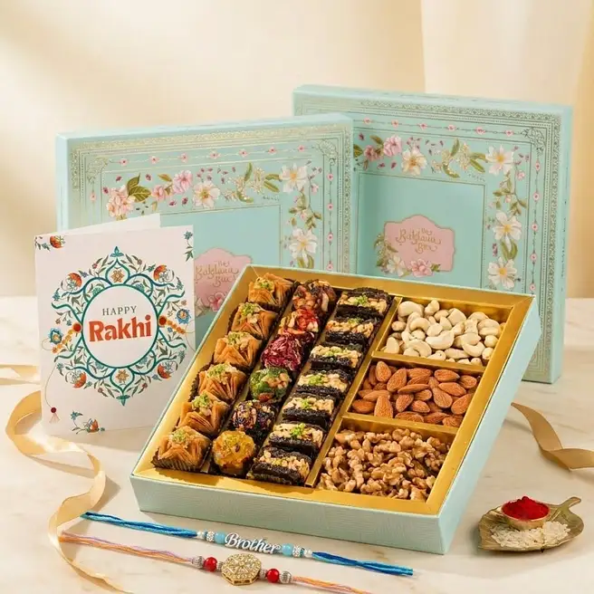 Phool Floral Baklava & Premium Dry Fruit Rakhi Hamper with 2 Kundan Rakhis