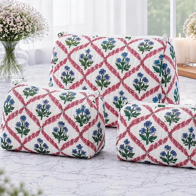Pure Cotton Blush Pink Quilted Pouch