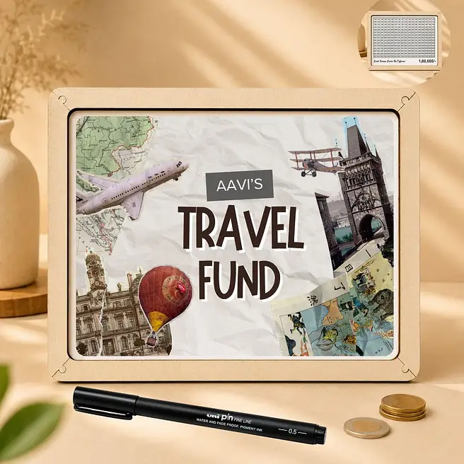 Customised Travel Fund Theme Wooden Gullak