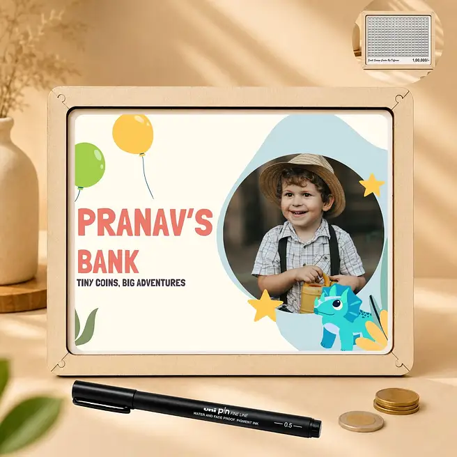 Customised Dino Theme Wooden Piggy Bank for Kids