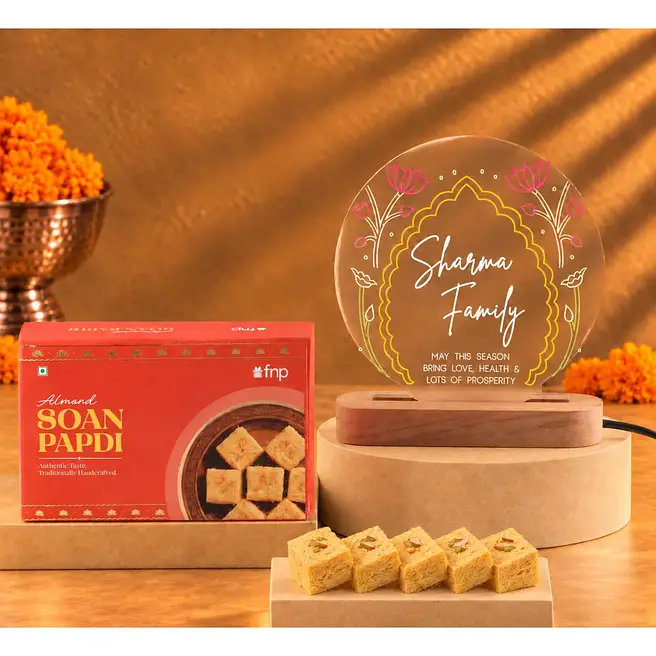 Sweet Wishes Custom Lamp and Soan Papdi Hamper