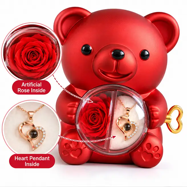 Red Teddy Bear Rose Gift Set with Preserved Rose Necklace